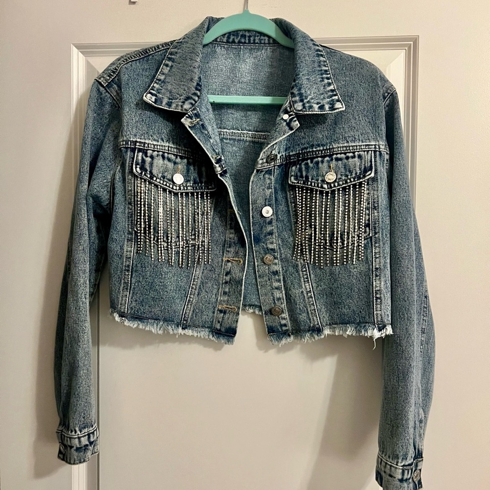 Denim Rhinestone Studded Fringe Women's Jacket